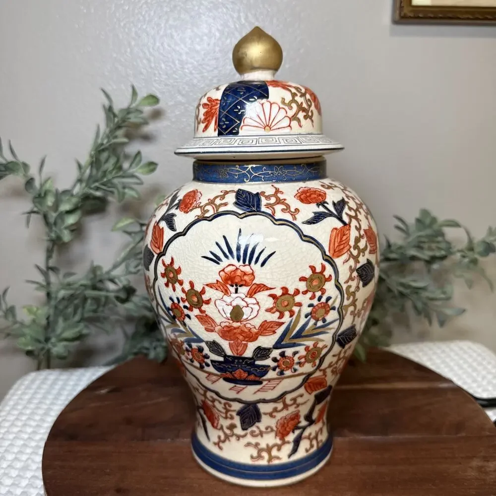 Vintage LJ Japan Imari Style Ginger Jar Lidded Vase Crackle Glaze Chinoiseri 11”
